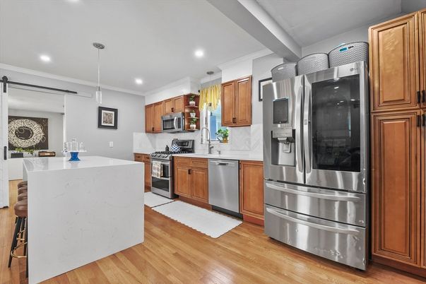 Interior, Kitchen, Pendant Lights, Recessed Lighting, Stainless Steel Appliances, Wood Texture Flooring