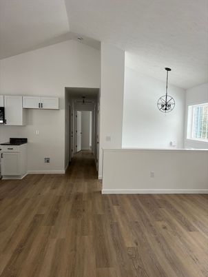 Empty room, Interior, Kitchen, Pendant Lights, Wood Texture Flooring