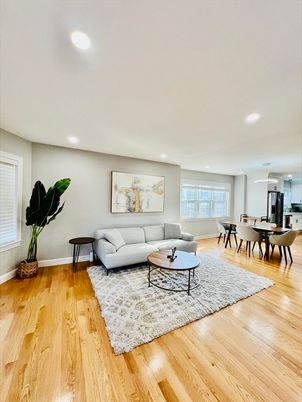 Dining room, Interior, Living room, Recessed Lighting, Wood Texture Flooring