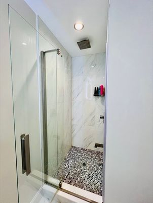 Bathroom, Glass Shower, Interior, Marble Walls, Recessed Lighting