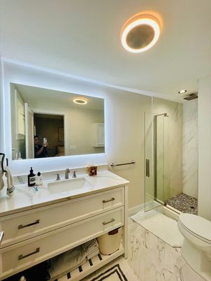 Bathroom, Dual Sink Vanities, Glass Shower, Interior, Marble, Marble Walls, Recessed Lighting