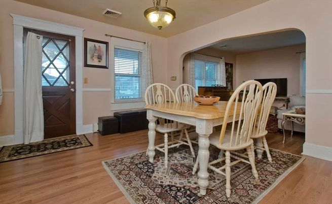 Dining room, Interior, Pendant Lights, Wood Texture Flooring