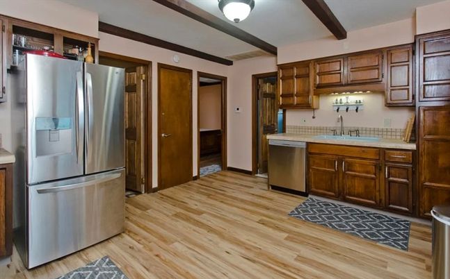 Interior, Kitchen, Stainless Steel Appliances, Tile Countertops, Wooden Beams, Wood Texture Flooring