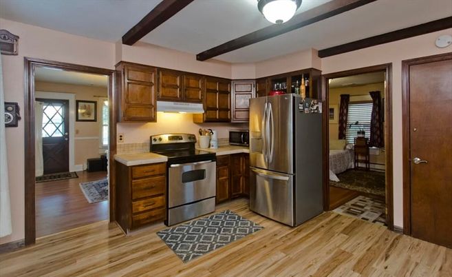 Interior, Kitchen, Stainless Steel Appliances, Wooden Beams, Wood Texture Flooring