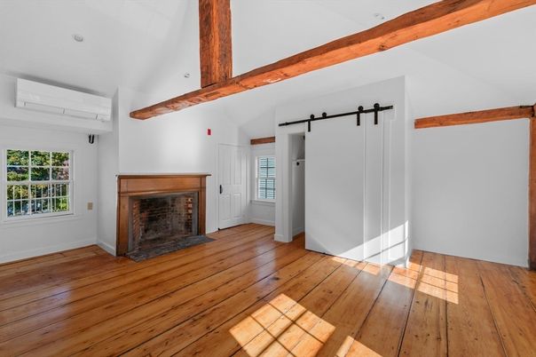 Empty room, Fireplace, Interior, Wooden Beams, Wood Texture Flooring