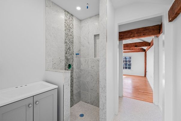 Bathroom, Interior, Marble Walls, Recessed Lighting, Wooden Beams, Wood Texture Flooring
