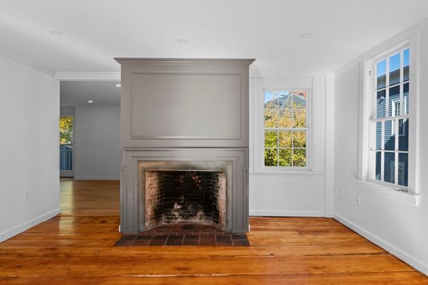 Empty room, Fireplace, Interior, Recessed Lighting, Wood Texture Flooring
