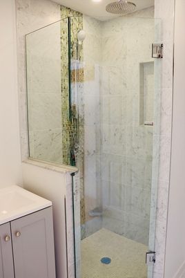 Bathroom, Glass Shower, Interior, Marble Walls, Recessed Lighting