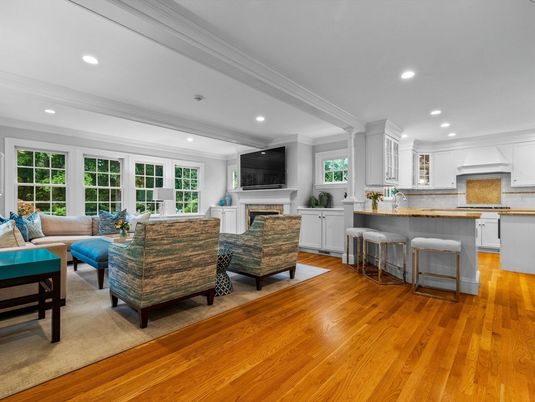 Fireplace, Interior, Kitchen, Living room, Recessed Lighting, Wood Texture Flooring