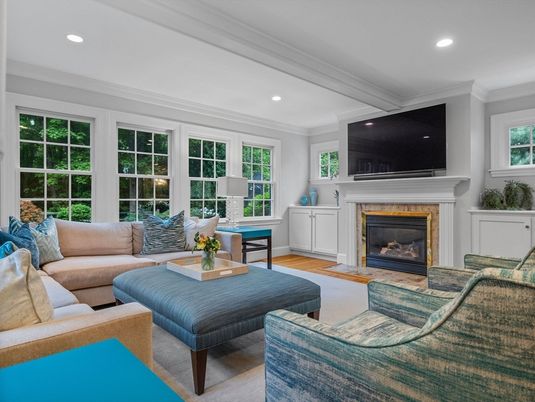 Fireplace, Interior, Living room, Recessed Lighting, Wood Texture Flooring