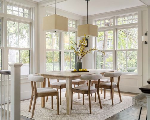 Dining room, Interior, Pendant Lights, Wood Texture Flooring