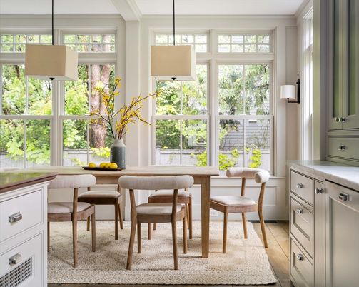Dining room, Interior, Pendant Lights, Wood Texture Flooring