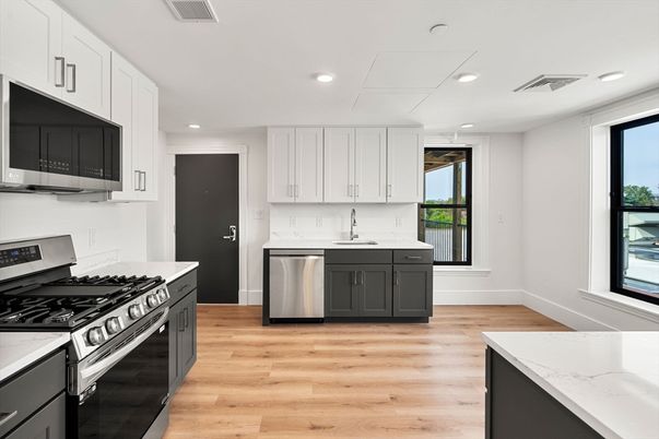Interior, Kitchen, Recessed Lighting, Stainless Steel Appliances, Wood Texture Flooring