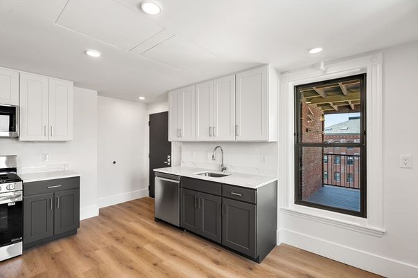 Interior, Kitchen, Recessed Lighting, Stainless Steel Appliances, Wood Texture Flooring
