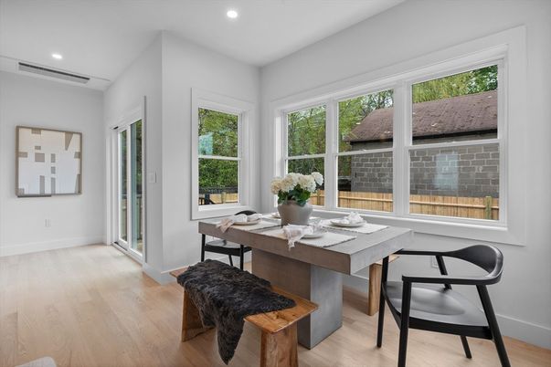 Dining room, Interior, Recessed Lighting, Wood Texture Flooring