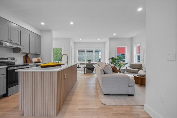 Interior, Kitchen, Living room, Recessed Lighting, Stainless Steel Appliances, Wood Texture Flooring