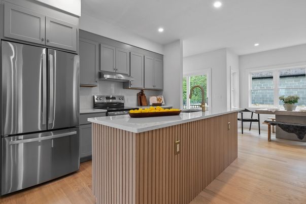 Dining room, Interior, Kitchen, Recessed Lighting, Stainless Steel Appliances, Wood Texture Flooring