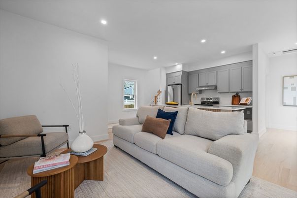 Interior, Kitchen, Living room, Recessed Lighting, Stainless Steel Appliances, Wood Texture Flooring