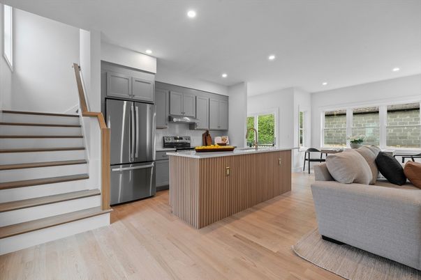 Interior, Kitchen, Living room, Recessed Lighting, Stainless Steel Appliances, Wood Texture Flooring