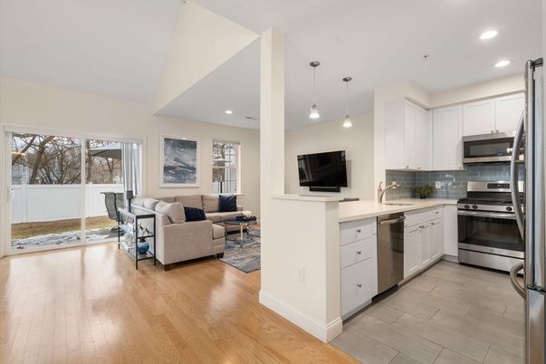 Interior, Kitchen, Living room, Pendant Lights, Recessed Lighting, Stainless Steel Appliances, Wood Texture Flooring