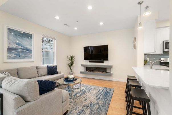 Fireplace, Interior, Kitchen, Living room, Pendant Lights, Recessed Lighting, Wood Texture Flooring