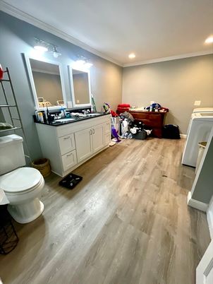 Bathroom, Interior, Recessed Lighting, Wood Texture Flooring