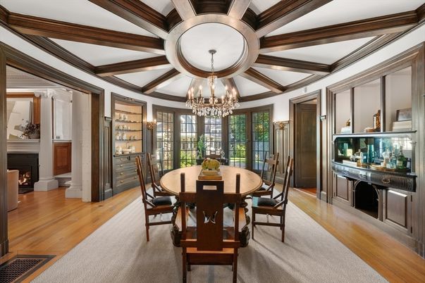Chandelier, Dining room, Fireplace, Interior, Wooden Beams, Wood Texture Flooring