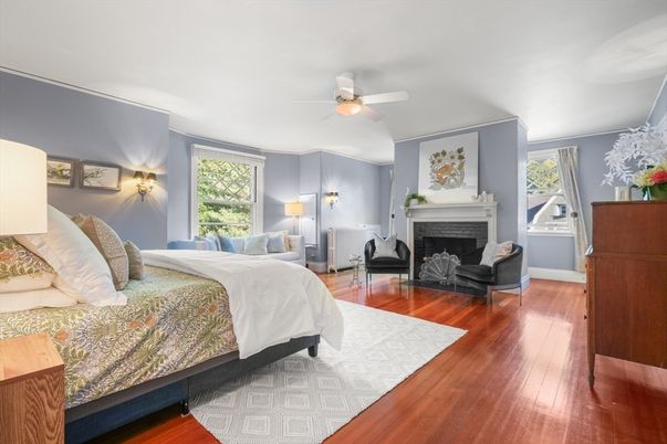 Bedroom, Fireplace, Interior, Wood Texture Flooring