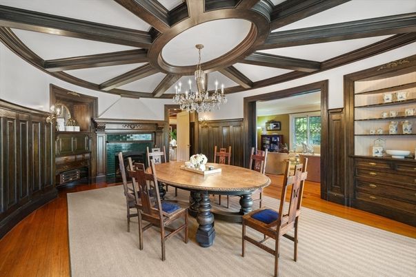Chandelier, Dining room, Fireplace, Interior, Wooden Beams, Wood Texture Flooring