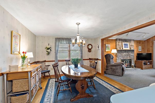 Dining room, Fireplace, Interior, Pendant Lights, Wooden Beams, Wood Texture Flooring, Wooden Walls