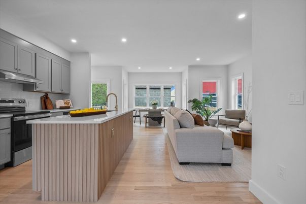 Interior, Kitchen, Living room, Recessed Lighting, Stainless Steel Appliances, Wood Texture Flooring