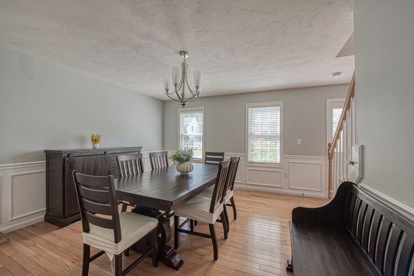 Chandelier, Dining room, Interior, Wood Texture Flooring