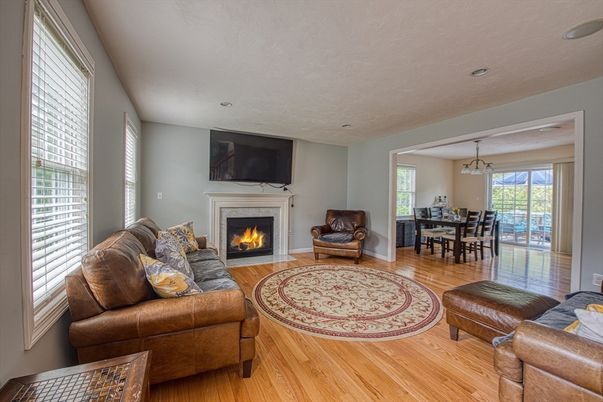 Dining room, Fireplace, Interior, Living room, Pendant Lights, Wood Texture Flooring