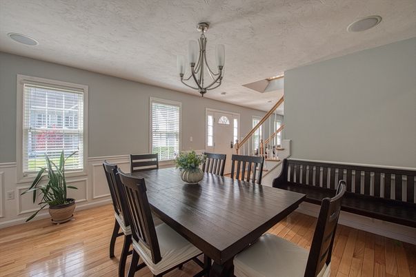 Chandelier, Dining room, Interior, Wood Texture Flooring