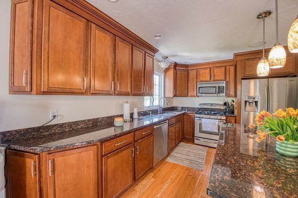 Interior, Kitchen, Pendant Lights, Recessed Lighting, Stainless Steel Appliances, Wood Texture Flooring