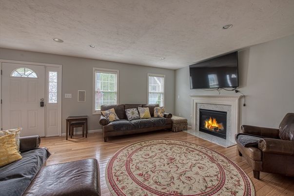 Fireplace, Interior, Living room, Recessed Lighting, Wood Texture Flooring