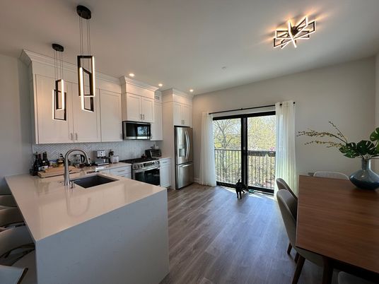 Interior, Kitchen, Pendant Lights, Recessed Lighting, Stainless Steel Appliances, Wood Texture Flooring