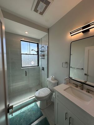 Bathroom, Glass Shower, Interior, Recessed Lighting, Wood Texture Flooring