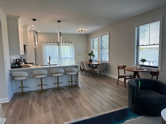 Dining room, Interior, Pendant Lights, Wood Texture Flooring