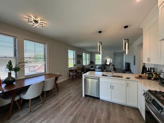 Dining room, Interior, Kitchen, Pendant Lights, Wood Texture Flooring
