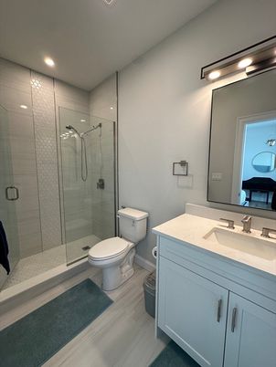 Bathroom, Glass Shower, Interior, Recessed Lighting, Wood Texture Flooring