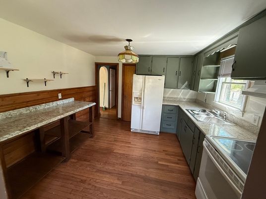 Interior, Kitchen, Tile Countertops, Wood Texture Flooring
