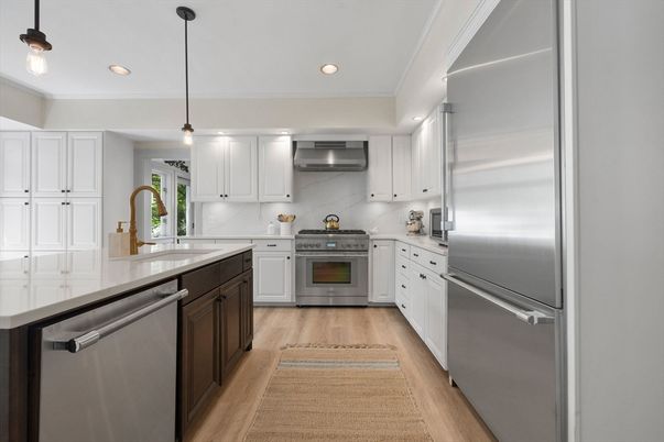 Interior, Kitchen, Pendant Lights, Recessed Lighting, Stainless Steel Appliances, Wood Texture Flooring