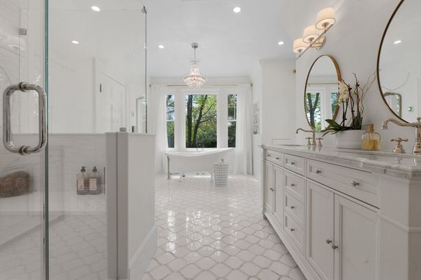 Bathroom, Chandelier, Dual Sink Vanities, Glass Shower, Interior, Recessed Lighting