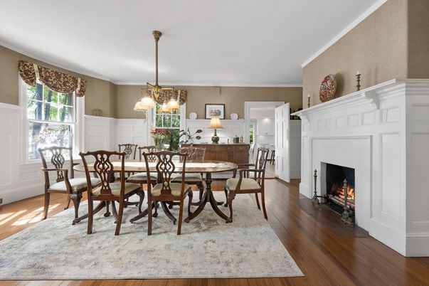 Dining room, Fireplace, Interior, Pendant Lights, Wood Texture Flooring