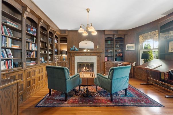 Fireplace, Home Office, Interior, Pendant Lights, Wood Texture Flooring, Wooden Walls