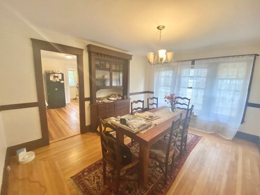 Dining room, Interior, Pendant Lights, Wood Texture Flooring