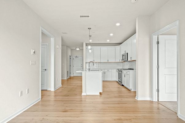 Interior, Kitchen, Pendant Lights, Recessed Lighting, Wood Texture Flooring