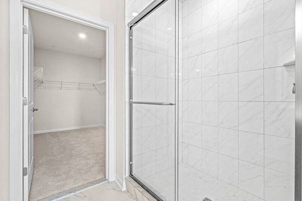 Bathroom, Glass Shower, Interior, Marble Walls, Recessed Lighting, Walk-in Closets