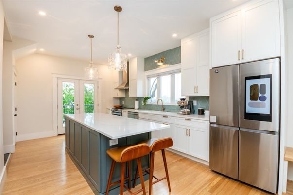 Chandelier, Interior, Kitchen, Pendant Lights, Recessed Lighting, Stainless Steel Appliances, Wood Texture Flooring